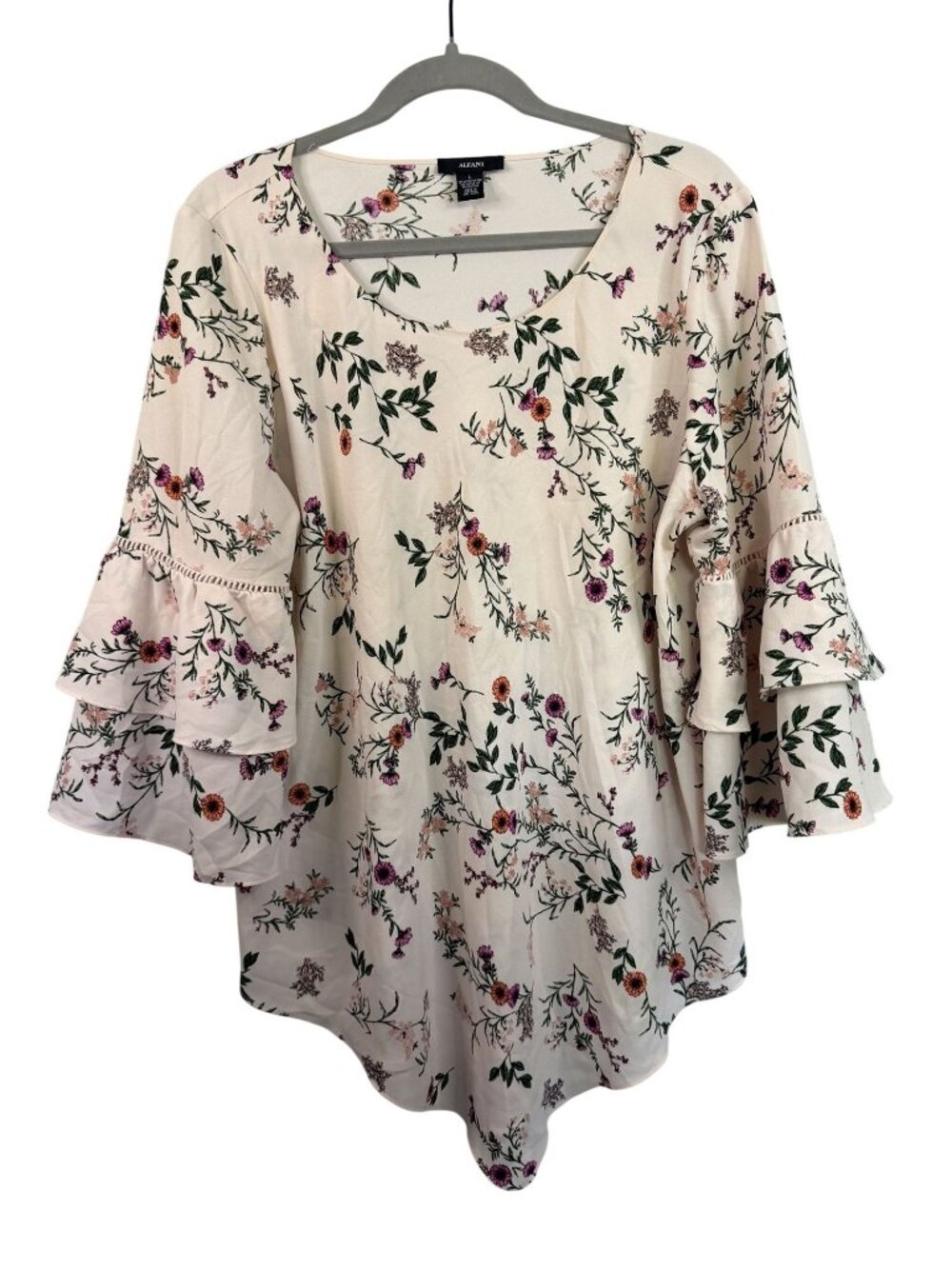 Floral Bell Sleeve Blouse With Asymmetrical Hem Alfani Womens Large Cream With M